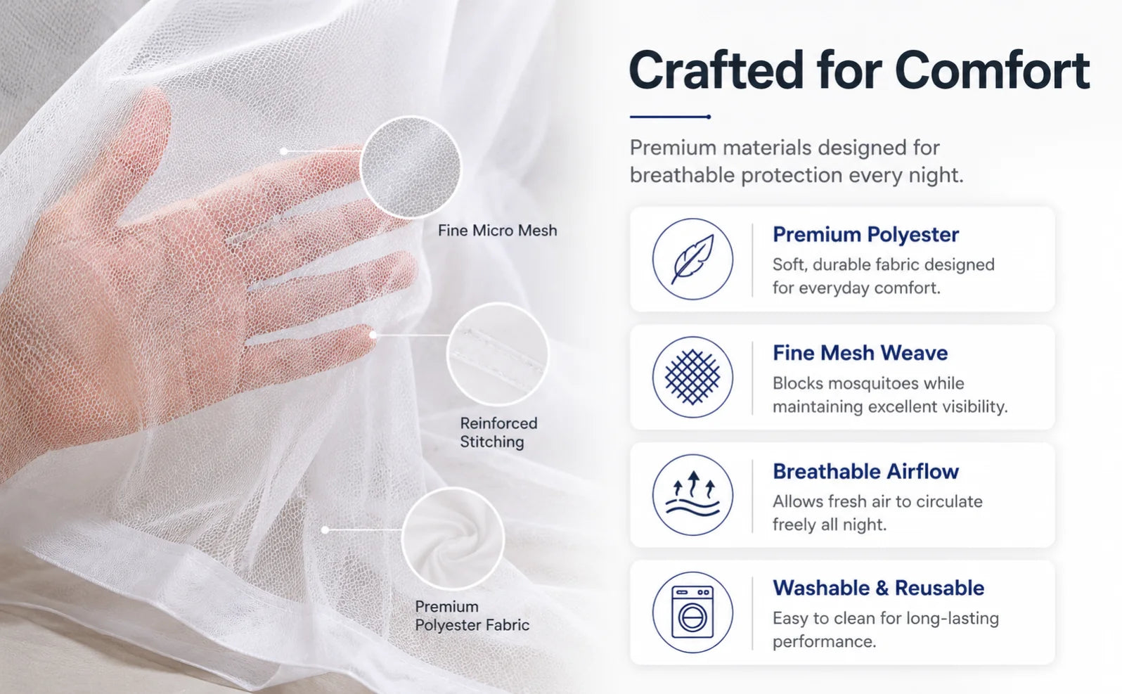 Crafted for comfort — premium materials designed for breathable protection every night. Premium polyester, fine mesh weave, breathable airflow, washable and reusable. Close-up of the fine micro mesh, reinforced stitching and polyester fabric.