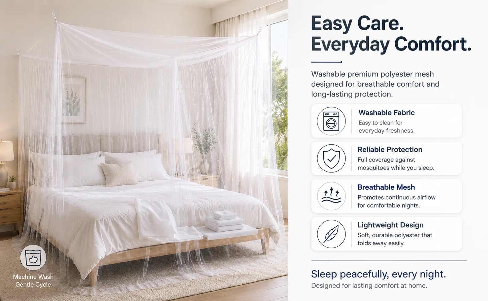 Easy care, everyday comfort — washable premium polyester mesh designed for breathable comfort and long-lasting protection. Washable fabric, reliable protection, breathable mesh, lightweight design. Machine wash, gentle cycle.